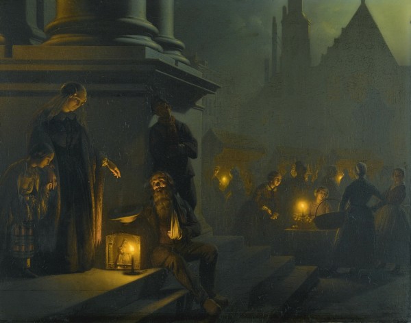 Charity in the night market by Petrus van Schendel